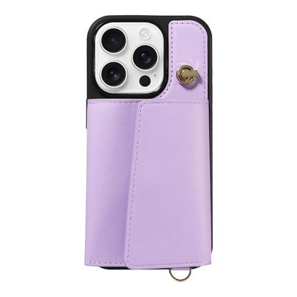 For iPhone 16 Pro Max Crossbody Phone Case Card Holder Kickstand Leather Coated TPU Mobile Cover