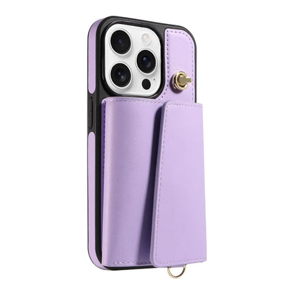 For iPhone 16 Pro Max Crossbody Phone Case Card Holder Kickstand Leather Coated TPU Mobile Cover