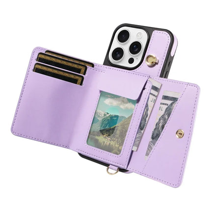 For iPhone 16 Pro Max Crossbody Phone Case Card Holder Kickstand Leather Coated TPU Mobile Cover