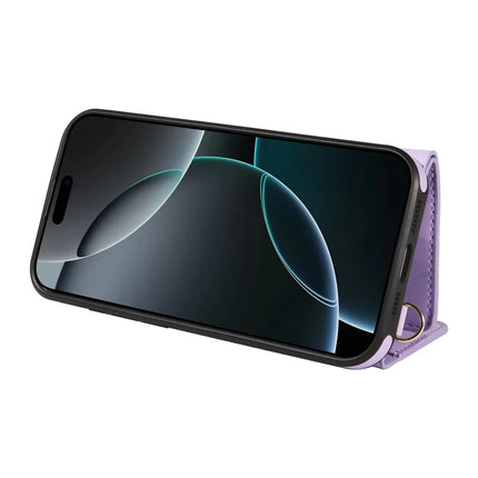 For iPhone 16 Pro Max Crossbody Phone Case Card Holder Kickstand Leather Coated TPU Mobile Cover