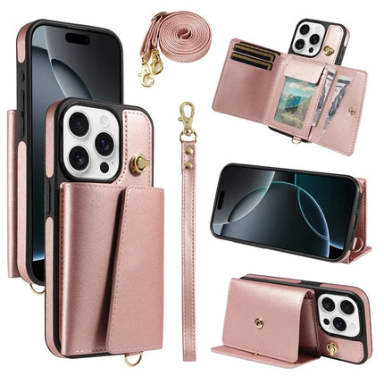 For iPhone 16 Pro Max Crossbody Phone Case Card Holder Kickstand Leather Coated TPU Mobile Cover - Rose Gold