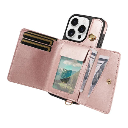 For iPhone 16 Pro Max Crossbody Phone Case Card Holder Kickstand Leather Coated TPU Mobile Cover