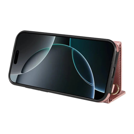 For iPhone 16 Pro Max Crossbody Phone Case Card Holder Kickstand Leather Coated TPU Mobile Cover