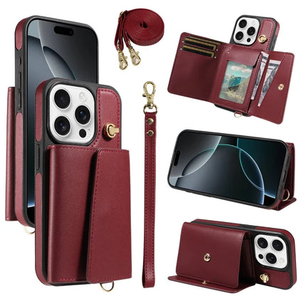 For iPhone 16 Pro Max Crossbody Phone Case Card Holder Kickstand Leather Coated TPU Mobile Cover - Wine Red