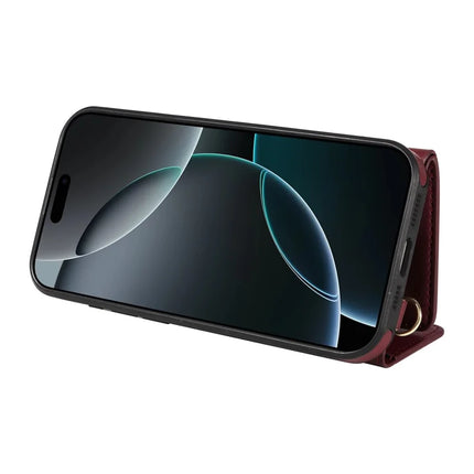 For iPhone 16 Pro Max Crossbody Phone Case Card Holder Kickstand Leather Coated TPU Mobile Cover