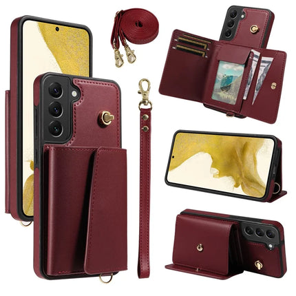 For Samsung Galaxy S22+ 5G Crossbody Phone Case Card Holder Kickstand Leather Coated TPU Mobile Cover - Wine Red