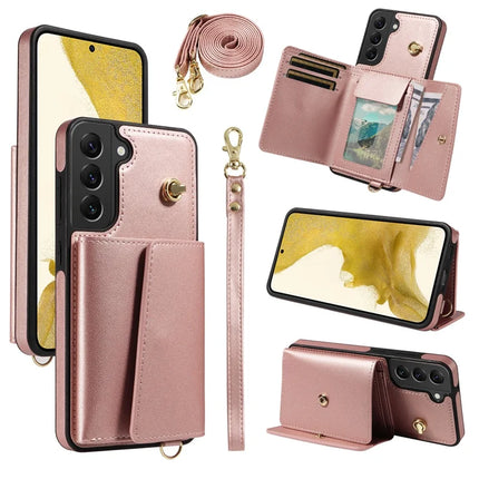 For Samsung Galaxy S22+ 5G Crossbody Phone Case Card Holder Kickstand Leather Coated TPU Mobile Cover - Rose Gold
