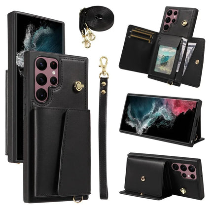 For Samsung Galaxy S22 Ultra 5G Crossbody Phone Case Card Holder Kickstand Leather Coated TPU Mobile Cover - Black