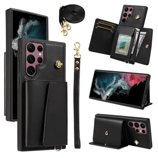 For Samsung Galaxy S22 Ultra 5G Crossbody Phone Case Card Holder Kickstand Leather Coated TPU Mobile Cover - Black
