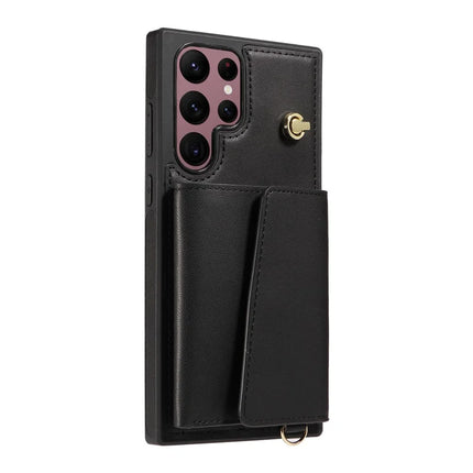 For Samsung Galaxy S22 Ultra 5G Crossbody Phone Case Card Holder Kickstand Leather Coated TPU Mobile Cover