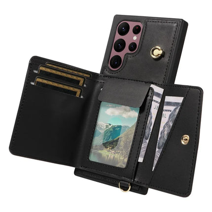 For Samsung Galaxy S22 Ultra 5G Crossbody Phone Case Card Holder Kickstand Leather Coated TPU Mobile Cover