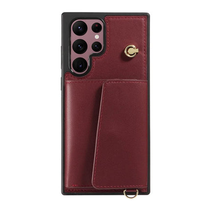 For Samsung Galaxy S22 Ultra 5G Crossbody Phone Case Card Holder Kickstand Leather Coated TPU Mobile Cover