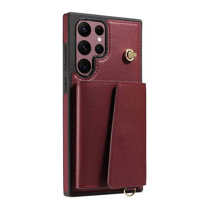 For Samsung Galaxy S22 Ultra 5G Crossbody Phone Case Card Holder Kickstand Leather Coated TPU Mobile Cover