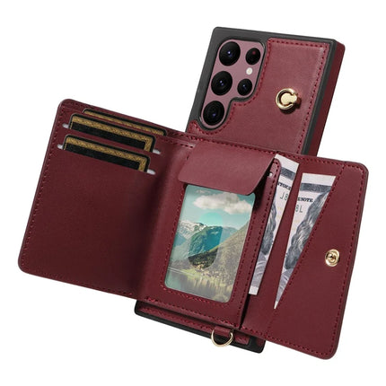 For Samsung Galaxy S22 Ultra 5G Crossbody Phone Case Card Holder Kickstand Leather Coated TPU Mobile Cover