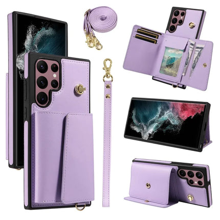 For Samsung Galaxy S22 Ultra 5G Crossbody Phone Case Card Holder Kickstand Leather Coated TPU Mobile Cover - Purple