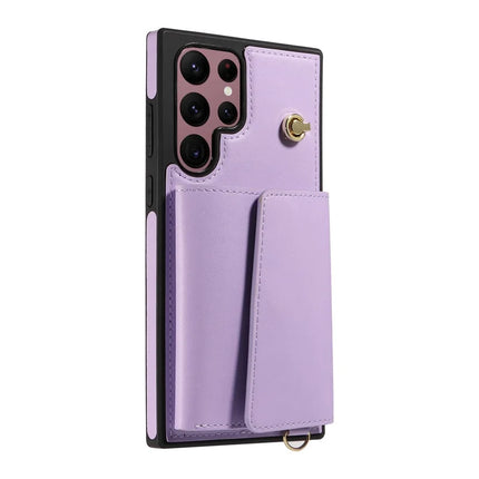 For Samsung Galaxy S22 Ultra 5G Crossbody Phone Case Card Holder Kickstand Leather Coated TPU Mobile Cover