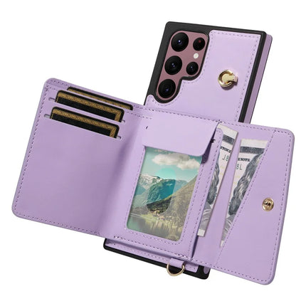 For Samsung Galaxy S22 Ultra 5G Crossbody Phone Case Card Holder Kickstand Leather Coated TPU Mobile Cover