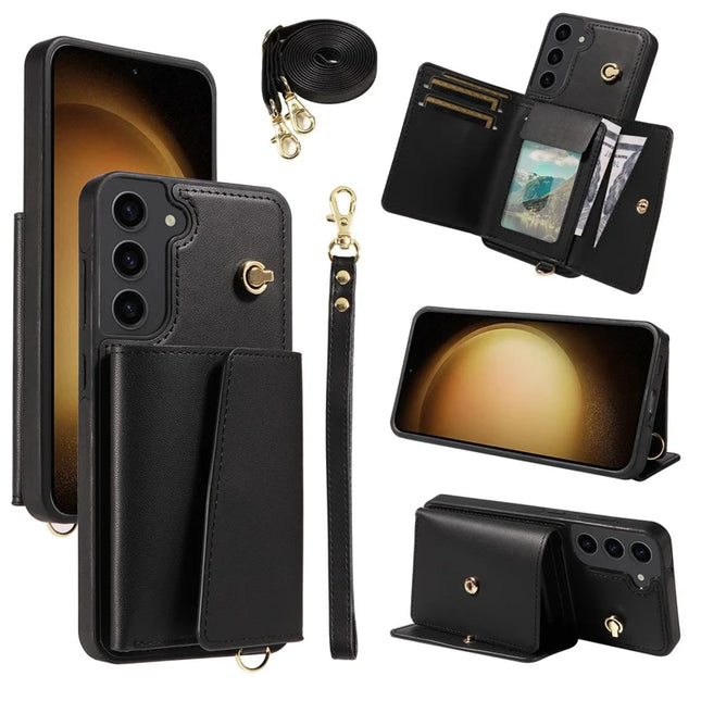 For Samsung Galaxy S23+ Crossbody Phone Case Card Holder Kickstand Leather Coated TPU Mobile Cover - Black