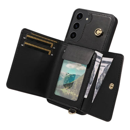 For Samsung Galaxy S23+ Crossbody Phone Case Card Holder Kickstand Leather Coated TPU Mobile Cover