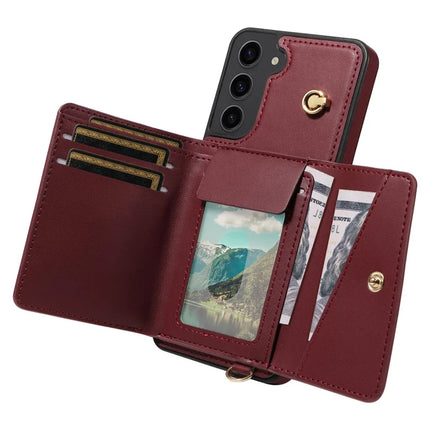 For Samsung Galaxy S23+ Crossbody Phone Case Card Holder Kickstand Leather Coated TPU Mobile Cover