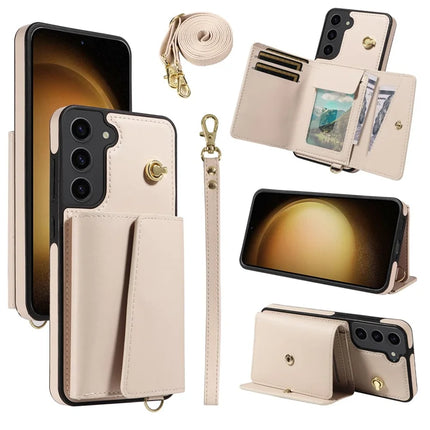 For Samsung Galaxy S23+ Crossbody Phone Case Card Holder Kickstand Leather Coated TPU Mobile Cover - Beige