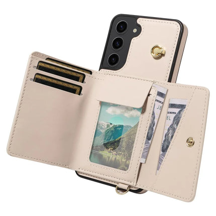 For Samsung Galaxy S23+ Crossbody Phone Case Card Holder Kickstand Leather Coated TPU Mobile Cover