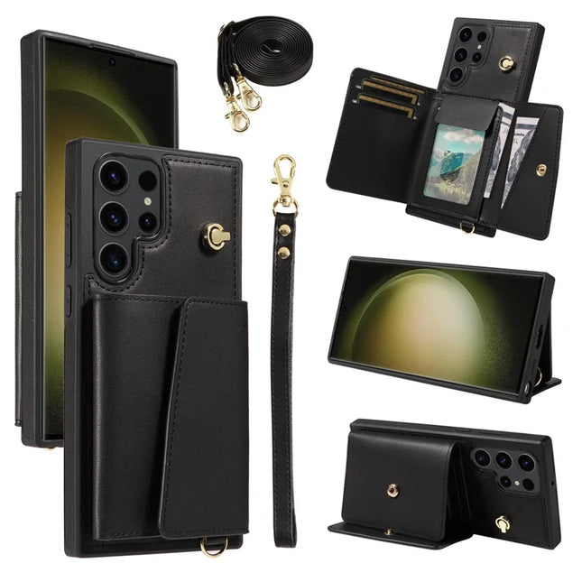 For Samsung Galaxy S23 Ultra Crossbody Phone Case Card Holder Kickstand Leather Coated TPU Mobile Cover - Black