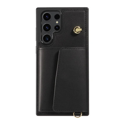 For Samsung Galaxy S23 Ultra Crossbody Phone Case Card Holder Kickstand Leather Coated TPU Mobile Cover