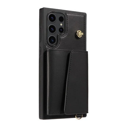 For Samsung Galaxy S23 Ultra Crossbody Phone Case Card Holder Kickstand Leather Coated TPU Mobile Cover