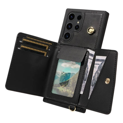 For Samsung Galaxy S23 Ultra Crossbody Phone Case Card Holder Kickstand Leather Coated TPU Mobile Cover