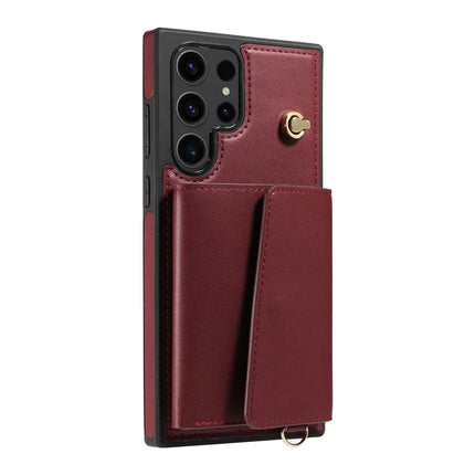 For Samsung Galaxy S23 Ultra Crossbody Phone Case Card Holder Kickstand Leather Coated TPU Mobile Cover