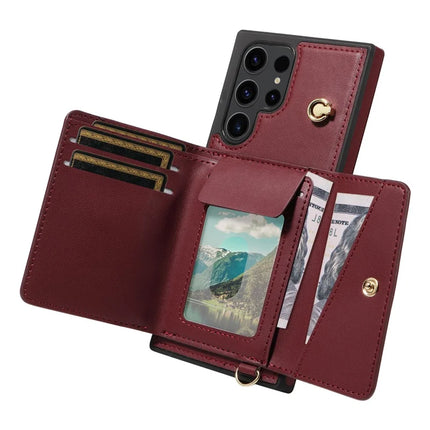 For Samsung Galaxy S23 Ultra Crossbody Phone Case Card Holder Kickstand Leather Coated TPU Mobile Cover