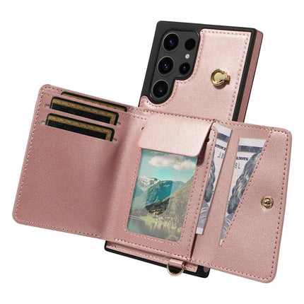 For Samsung Galaxy S23 Ultra Crossbody Phone Case Card Holder Kickstand Leather Coated TPU Mobile Cover