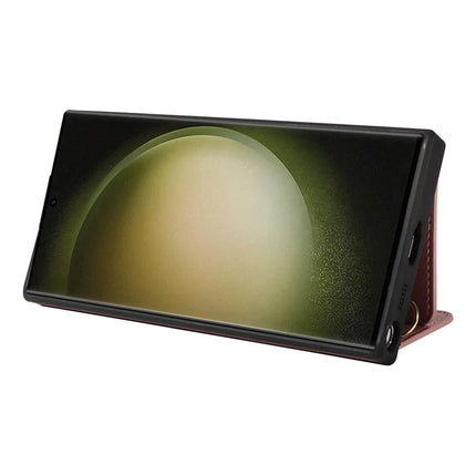 For Samsung Galaxy S23 Ultra Crossbody Phone Case Card Holder Kickstand Leather Coated TPU Mobile Cover