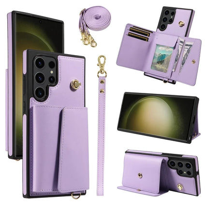 For Samsung Galaxy S23 Ultra Crossbody Phone Case Card Holder Kickstand Leather Coated TPU Mobile Cover - Purple
