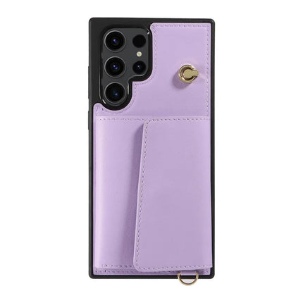 For Samsung Galaxy S23 Ultra Crossbody Phone Case Card Holder Kickstand Leather Coated TPU Mobile Cover
