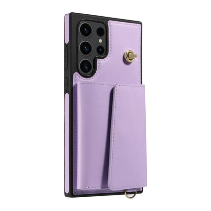 For Samsung Galaxy S23 Ultra Crossbody Phone Case Card Holder Kickstand Leather Coated TPU Mobile Cover
