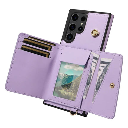 For Samsung Galaxy S23 Ultra Crossbody Phone Case Card Holder Kickstand Leather Coated TPU Mobile Cover