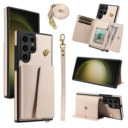For Samsung Galaxy S23 Ultra Crossbody Phone Case Card Holder Kickstand Leather Coated TPU Mobile Cover - Beige