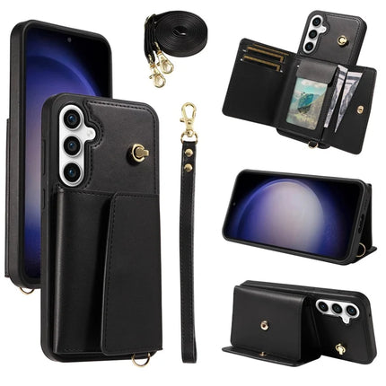 For Samsung Galaxy S23 FE Crossbody Phone Case Card Holder Kickstand Leather Coated TPU Mobile Cover - Black