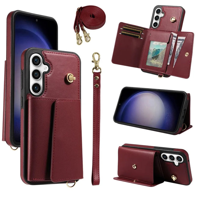 For Samsung Galaxy S23 FE Crossbody Phone Case Card Holder Kickstand Leather Coated TPU Mobile Cover - Wine Red