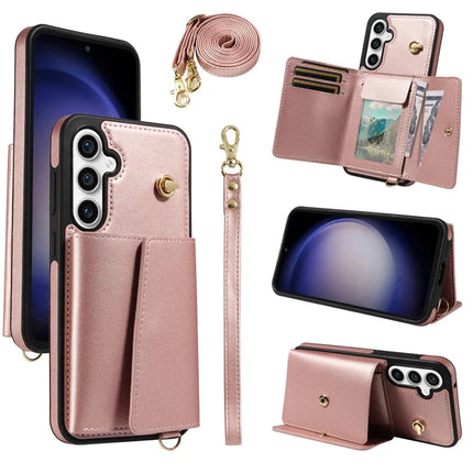 For Samsung Galaxy S23 FE Crossbody Phone Case Card Holder Kickstand Leather Coated TPU Mobile Cover - Rose Gold