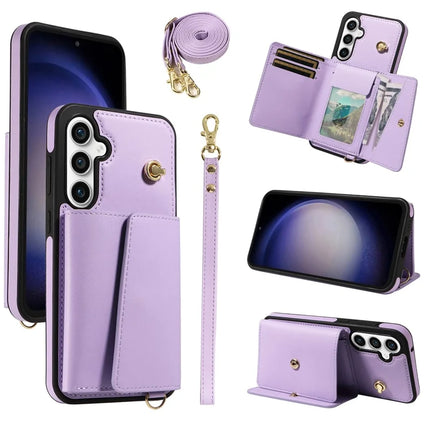For Samsung Galaxy S23 FE Crossbody Phone Case Card Holder Kickstand Leather Coated TPU Mobile Cover - Purple