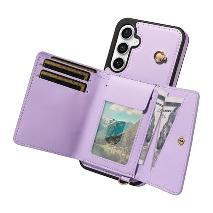 For Samsung Galaxy S23 FE Crossbody Phone Case Card Holder Kickstand Leather Coated TPU Mobile Cover