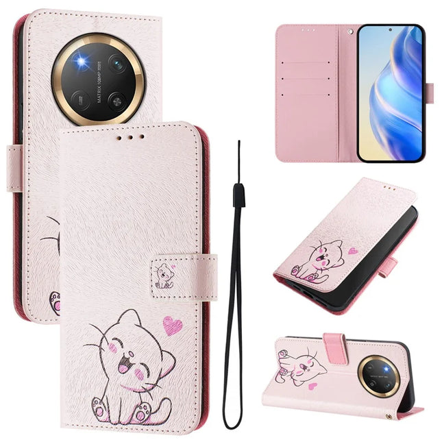 For Honor Magic7 Lite 5G / X9c 5G / X60 Pro 5G Case Pattern Printing Wallet Phone Cover with Strap - Cute Cat