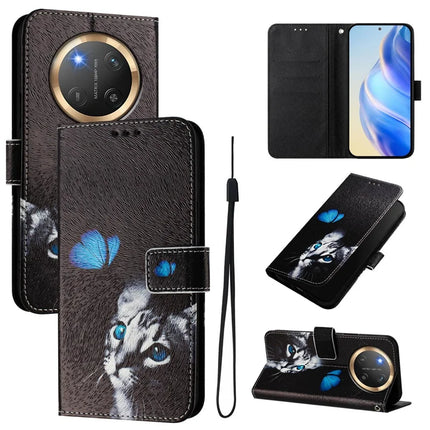 For Honor Magic7 Lite 5G / X9c 5G / X60 Pro 5G Case Pattern Printing Wallet Phone Cover with Strap - Butterfly and Cat