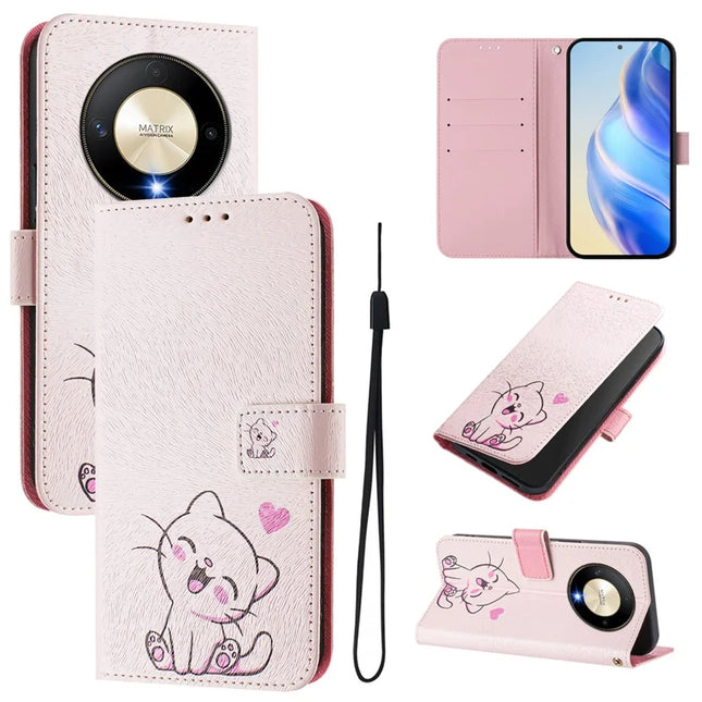 For Honor Magic6 Lite 5G / Honor X50 5G / Honor X9b 5G Case Pattern Printing Wallet Phone Cover with Strap - Cute Cat