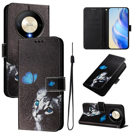 For Honor Magic6 Lite 5G / Honor X50 5G / Honor X9b 5G Case Pattern Printing Wallet Phone Cover with Strap - Butterfly and Cat