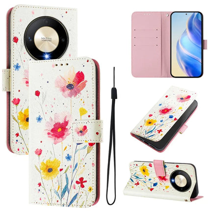 For Honor Magic6 Lite 5G / Honor X50 5G / Honor X9b 5G Case Pattern Printing Wallet Phone Cover with Strap - Flower