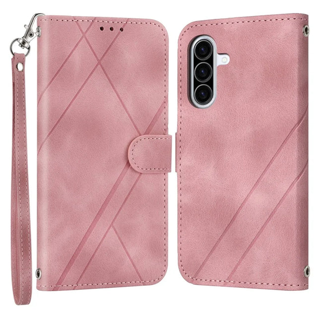 For Samsung Galaxy A26 5G Case Imprinted Line Leather Phone Cover with Handy Strap - Pink
